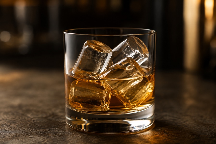 Hielo en cubitos grandes en un vaso, listo para servir